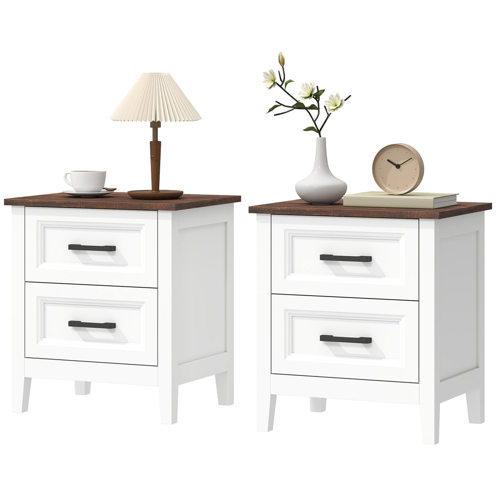 Set of 2 farmhouse style nightstands, with 2 drawers, wood effect top, white