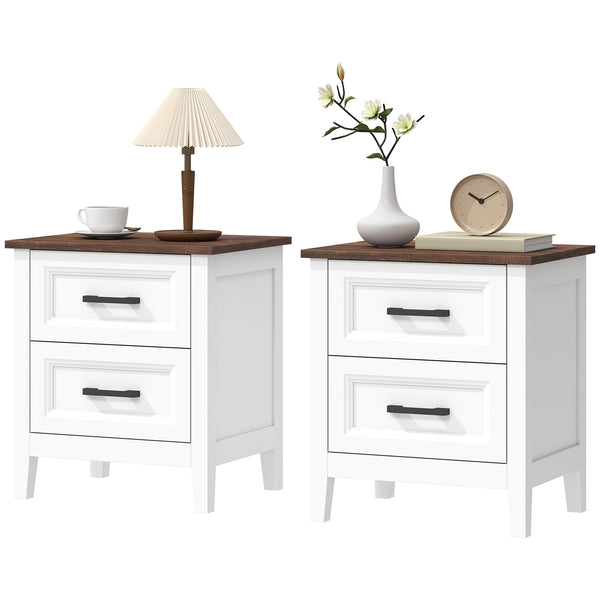 Set of 2 farmhouse style nightstands, with 2 drawers, wood effect top, white