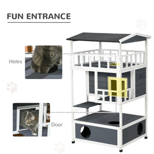 Four-story wooden cat house with cat cave and perch, grey