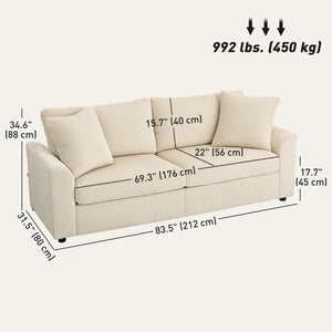 Modern 3 seater sofa with pocket springs and 2 decorative cushions, cream white