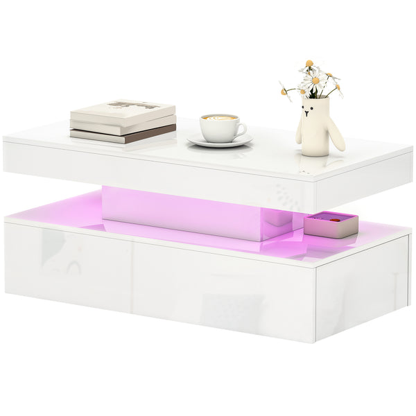 LED coffee table with 2 drawers and open shelf, glossy white