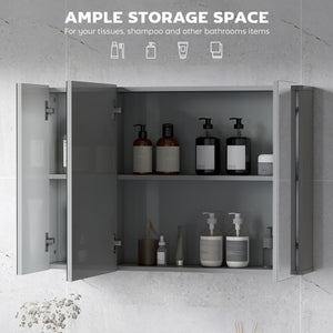 35" x 24" Wall-Mounted Medicine Cabinet with Mirror, 3 Doors and Adjustable Shelves, Gray