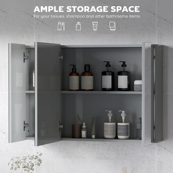 35" x 24" Wall-Mounted Medicine Cabinet with Mirror, 3 Doors and Adjustable Shelves, Gray