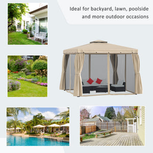 10 x 10 gazebo with pretty curtains and mesh blinds, beige
