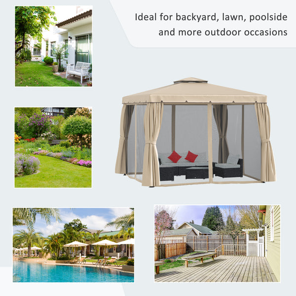 10 x 10 gazebo with pretty curtains and mesh blinds, beige