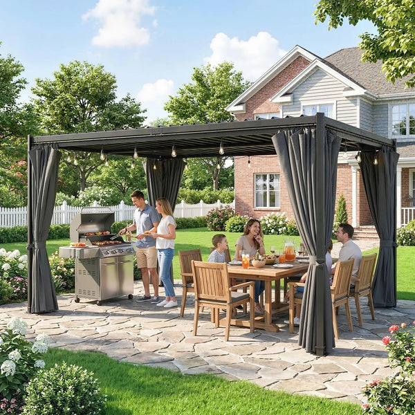 10 x 13 louvered pergola, steel roof and curtains, drainage gutters, grey