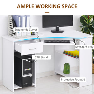 L-Shaped Desk with Keyboard Tray for Small Spaces with Shelves, White
