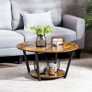 2-Tier Round Coffee Table with Storage Shelf, Rustic Brown