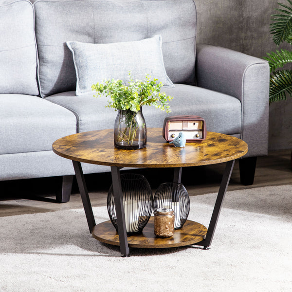 2-Tier Round Coffee Table with Storage Shelf, Rustic Brown