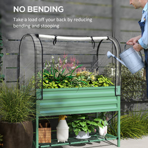 Raised planter with lid, bottom shelf and liner, green