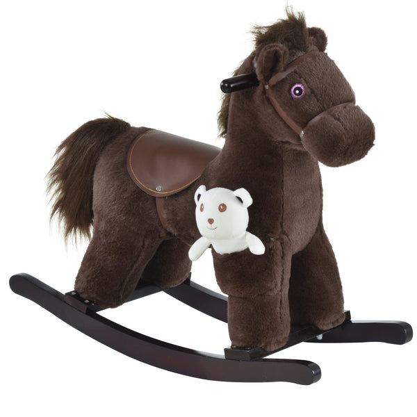 Plush rocking horse with teddy bear, brown and white