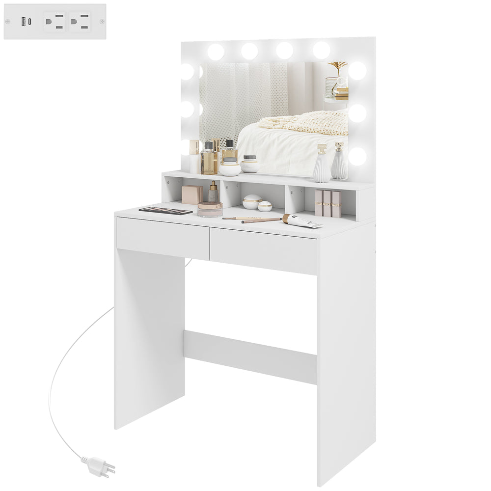 Dressing table with LED lighting, charging station and drawers, white 
