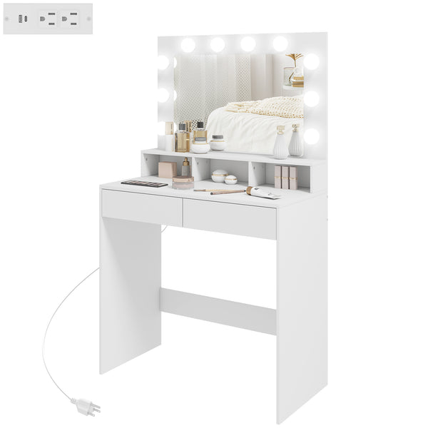 Dressing table with LED lighting, charging station and drawers, white 