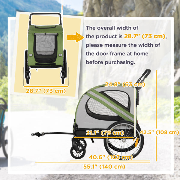 2-in-1 Dog Bike Trailer with Universal Wheel Reflectors, for Small and Medium Dogs, Green