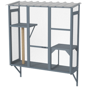 Wooden enclosure with window, 2 jumping platforms and a scratching post, grey.