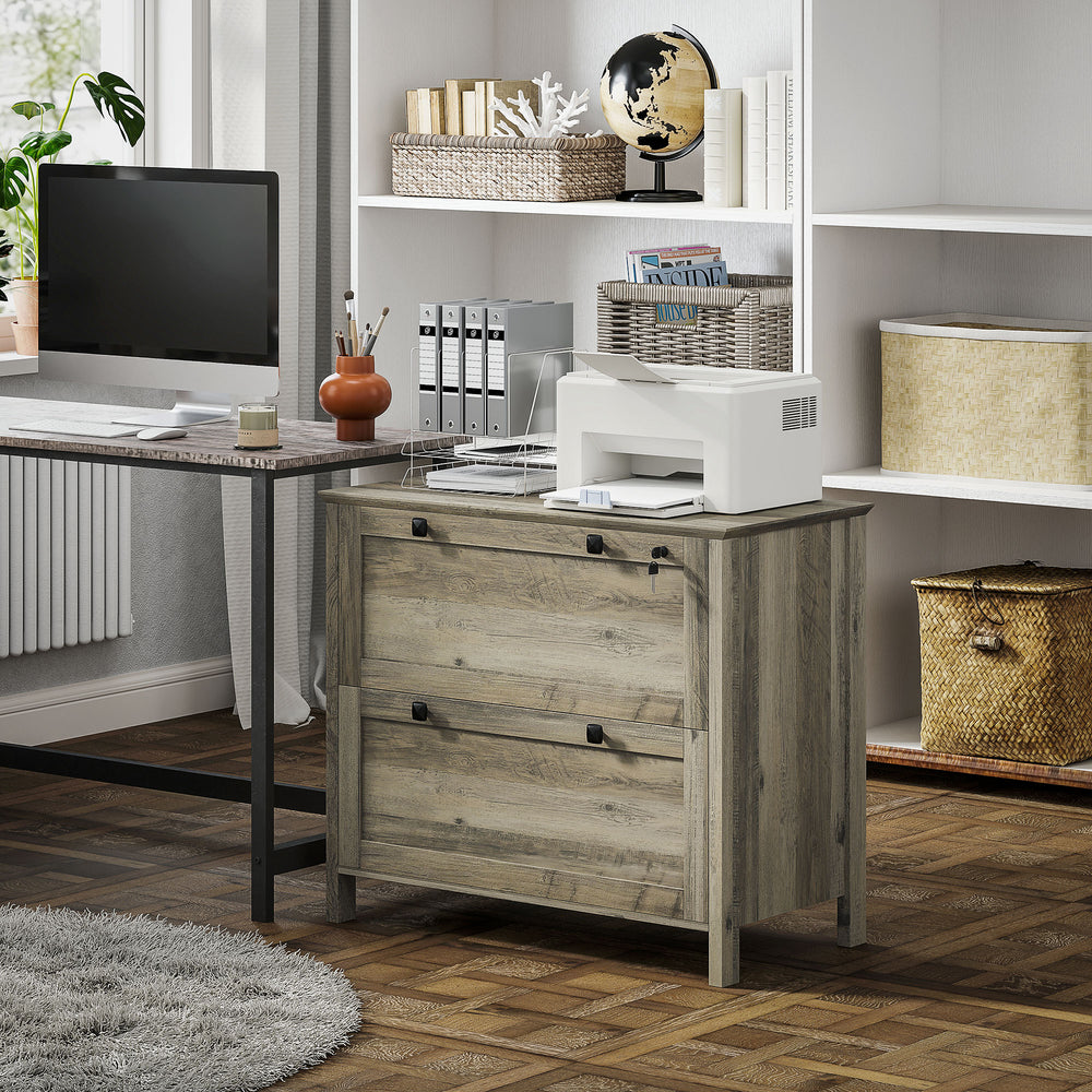 2-drawer filing cabinet, lockable with adjustable hanging bar for A4 documents, weathered grey oak