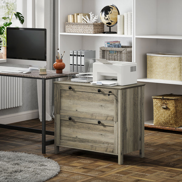 2-drawer filing cabinet, lockable with adjustable hanging bar for A4 documents, weathered grey oak