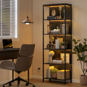 5-tier bookcase with LED lighting and black metal frame.