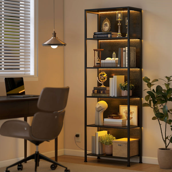 5-tier bookcase with LED lighting and black metal frame.