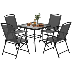 5 Piece Outdoor Dining Set with Glass Table and 4 Mesh Folding Chairs, Small Garden Furniture, Grey