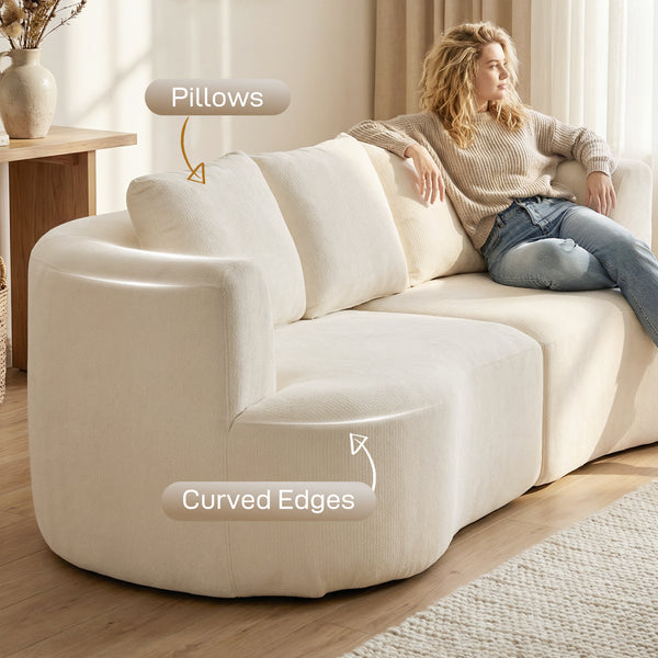 Three-seater sofa in chenille without frame, wide seat, spring cushions, high-density foam, 3 cushions, cream white