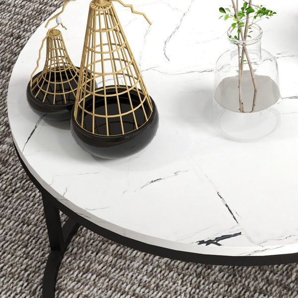 Set of 2 modern coffee tables with metal base, white marble effect