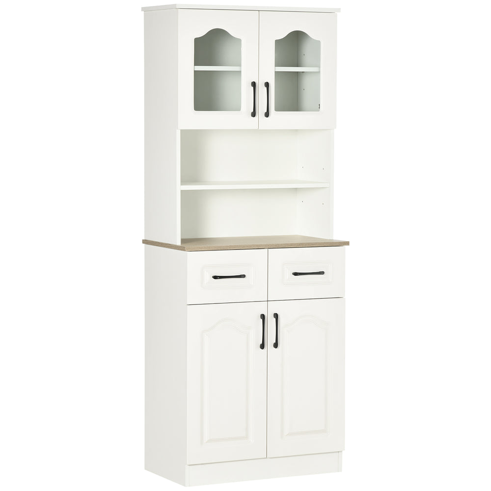 Freestanding storage unit with 2 adjustable shelves, 2 drawers, open countertop and glass doors, white