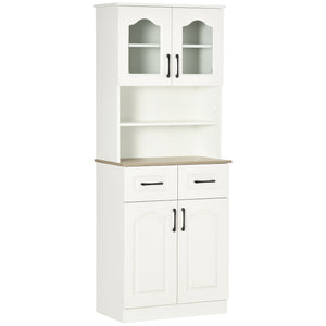 Freestanding storage unit with 2 adjustable shelves, 2 drawers, open countertop and glass doors, white