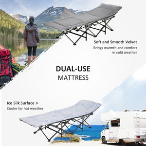 Folding camp bed with mattress and pillow, light grey