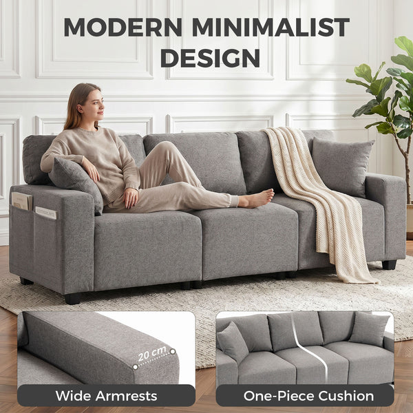3-seater sofa with storage pockets, modern upholstered with pocket springs, gray