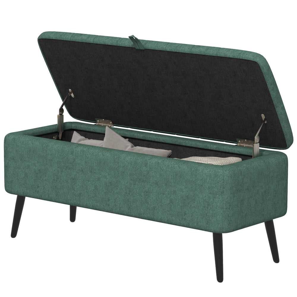 Linen Upholstered Storage Pouf with Steel Legs, Dark Green