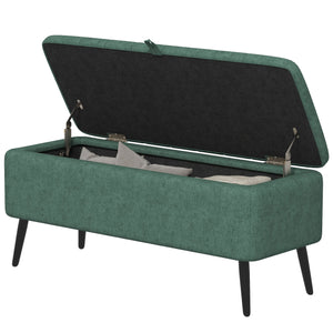 Linen Upholstered Storage Pouf with Steel Legs, Dark Green