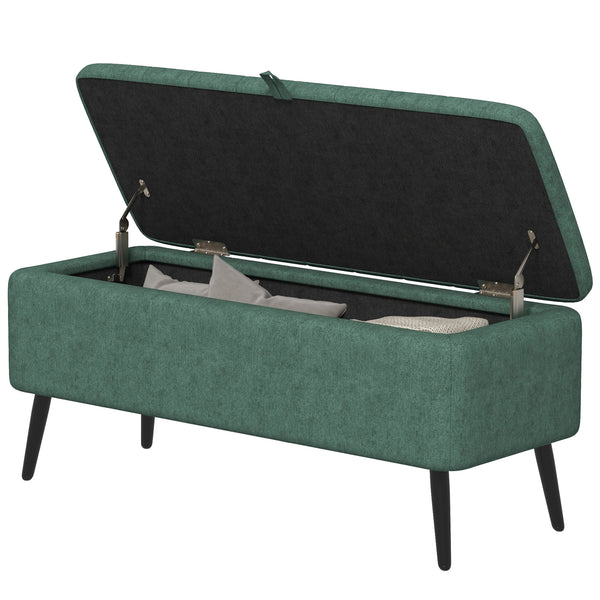 Linen Upholstered Storage Pouf with Steel Legs, Dark Green