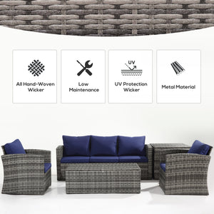 6 Piece Wicker Furniture Set with Cushions, 7 Seater Rattan Garden Sofa with Storage Table, Navy Blue