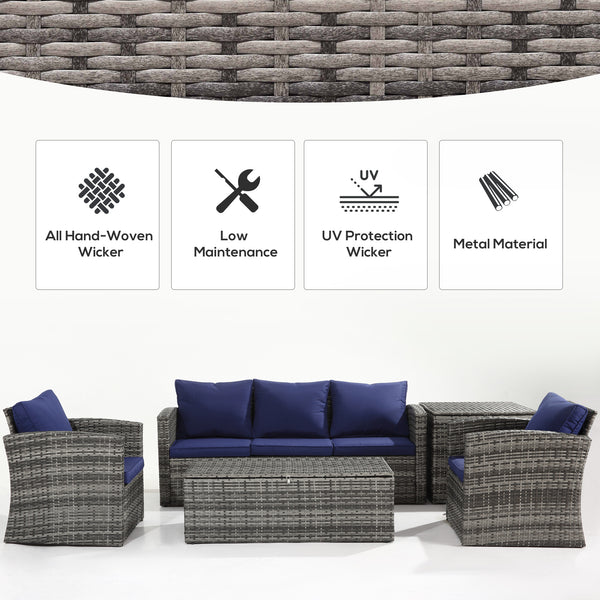 6 Piece Wicker Furniture Set with Cushions, 7 Seater Rattan Garden Sofa with Storage Table, Navy Blue