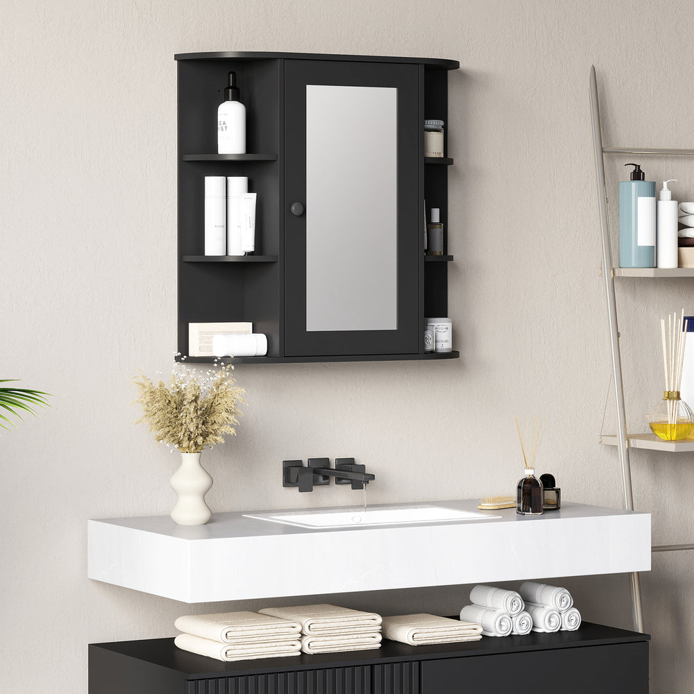 Wall-mounted bathroom cabinet with mirror, door and shelves, black