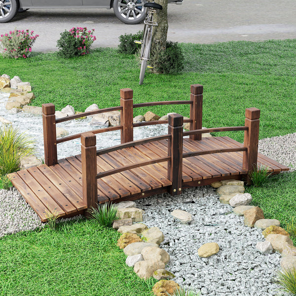 Wooden garden bridge with decorative side railings, stained wood