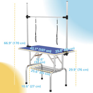 Adjustable Dog Grooming Table with 2 Safety Straps and Storage Basket, Blue