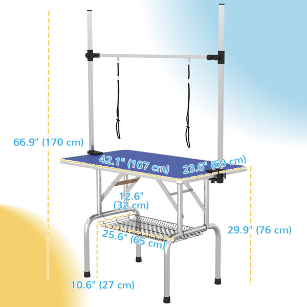 Adjustable Dog Grooming Table with 2 Safety Straps and Storage Basket, Blue