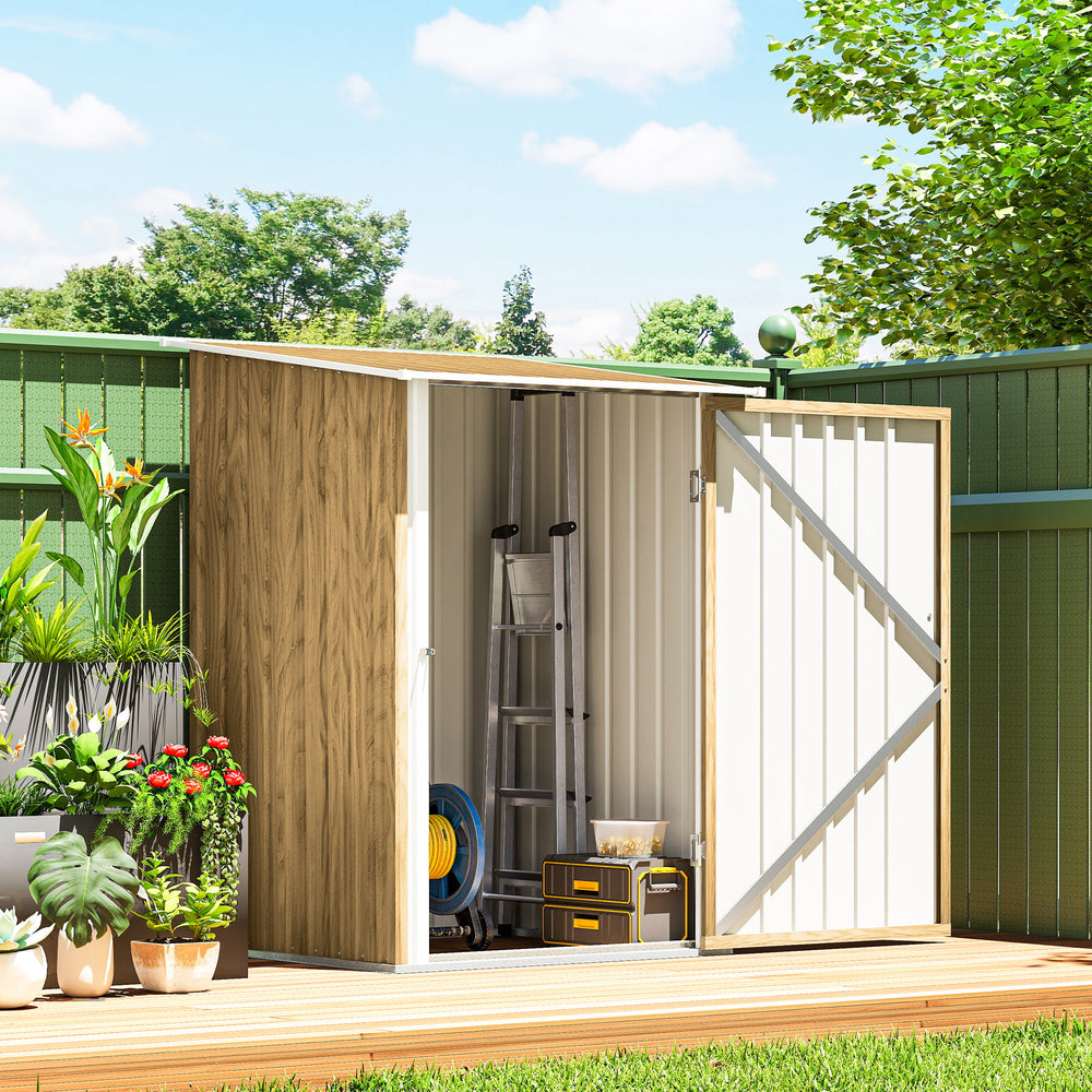 Compact galvanized steel garden shed with lockable door, wood color