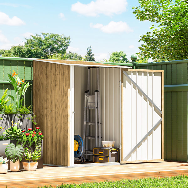 Compact galvanized steel garden shed with lockable door, wood color