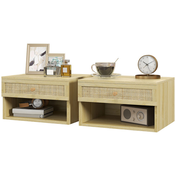 Set of 2 floating wall-mounted bedside tables with rattan drawer – Natural wood