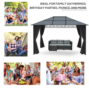 13' x 10' Rigid Polycarbonate Garden Gazebo with Aluminum Frame and Curtains, Dark Gray