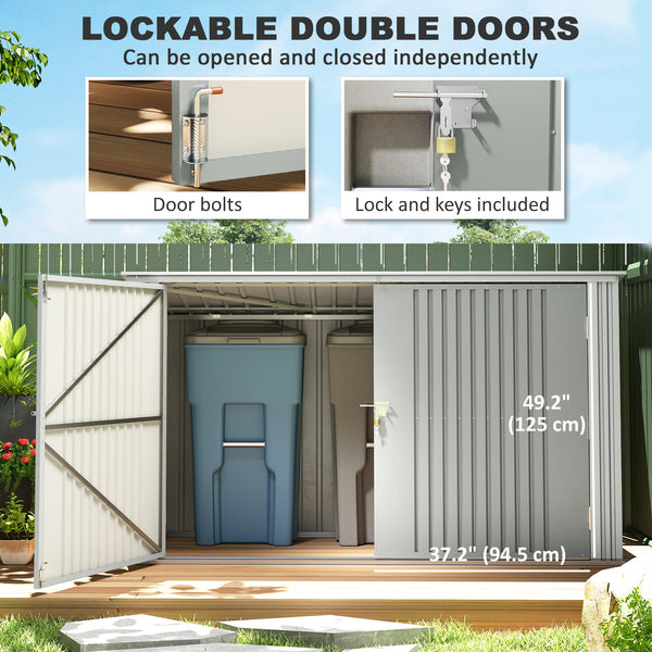 Garden shed with 3 bin compartments, double lockable door and hinged lid, silver grey 