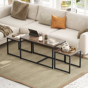 Set of 3 nesting coffee tables with metal frame, brown