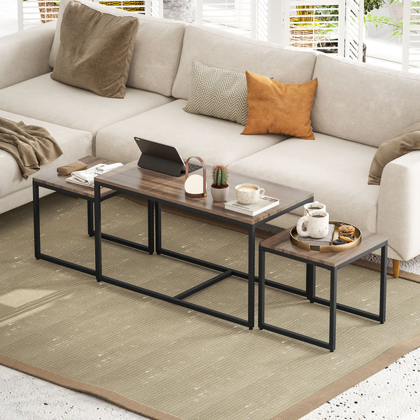 Set of 3 nesting coffee tables with metal frame, brown