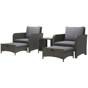 5 Piece Rattan Furniture Set with Two-Tier Coffee Table and Ottomans, Grey