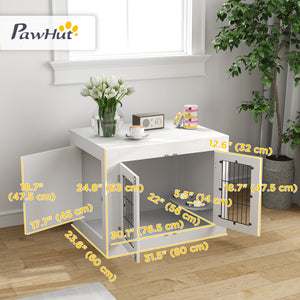 Dog crate furniture with removable bowls and two doors, white