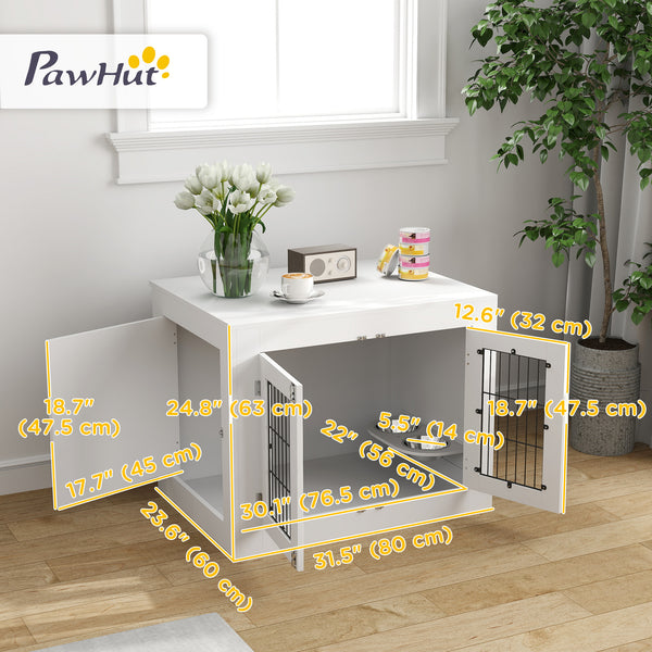 Dog crate furniture with removable bowls and two doors, white