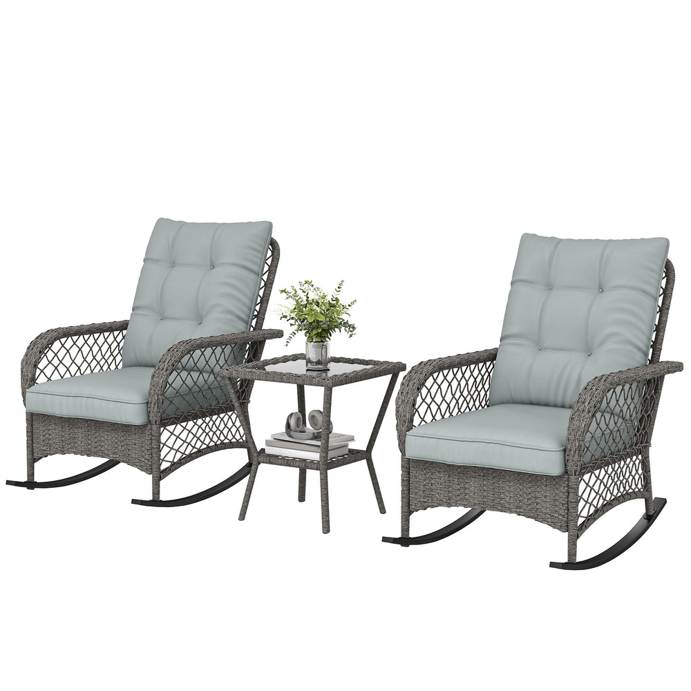 Rocking Bistro Set, 3 Piece Wicker Patio Furniture with High Back Rocking Chairs and 2-Tier Glass Table, Light Grey